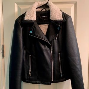 Black Leather Jacket with Shearling Collar